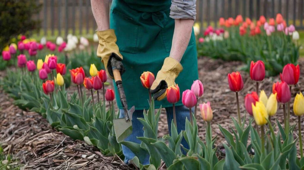 A gardener deadheading tulips