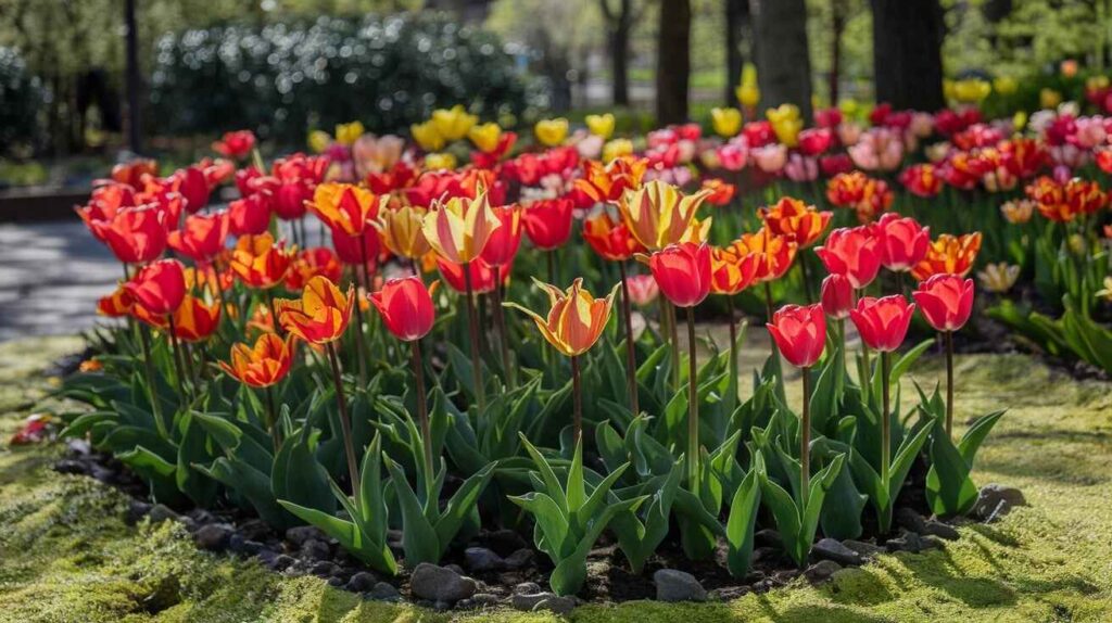 A garden bed with tulips under full sunlight